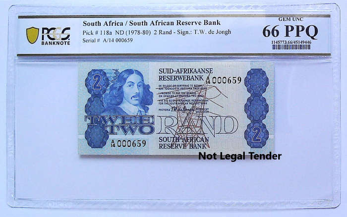 1978 South Africa Type 7 TW De Jongh Fourth Issue R2 Low Serial "000659" Graded Gem UNC 66 PPQ by PC