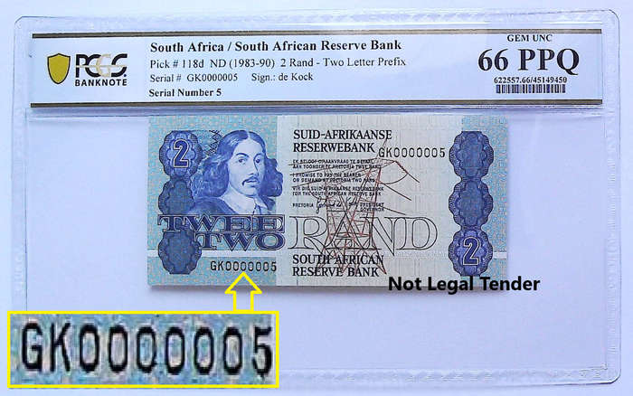 Low Serial "0000005" 1984 South Africa GPC De Kock Second Issue Type 9  Graded Gem UNC 66 PPQ by PCG