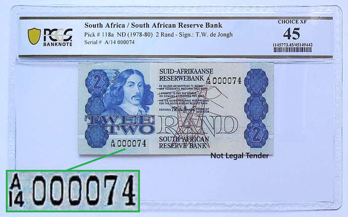 1978 South Africa TW De Jongh Fourth Issue R2 Low Serial "000074" Graded Choice XF 45 by PCGS