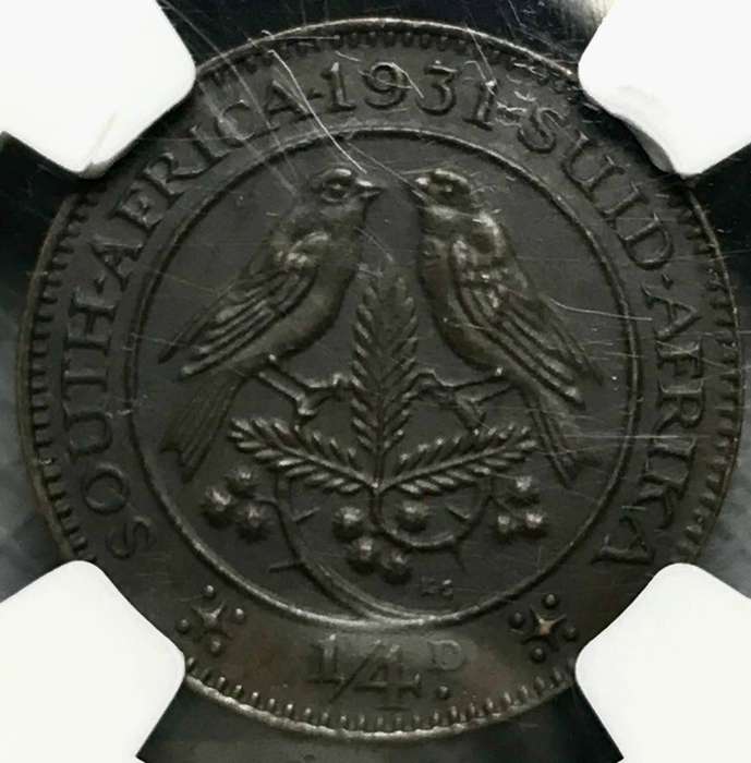 RARE High Value, 1931 "S" Suid Afrika" 1/4 Penny AU 58 BN Graded by NGC