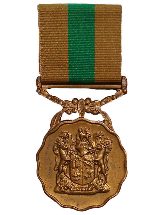 1975 South Africa Full Size Defense Force 10y Good Service Medal with Ribbon, 3rd Striking,  Issued