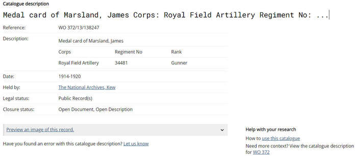 WW1 Medal Family lot: Gunner (GNR) James Marsland - 34481 - Royal Airforce [Royal Field Artillery ac