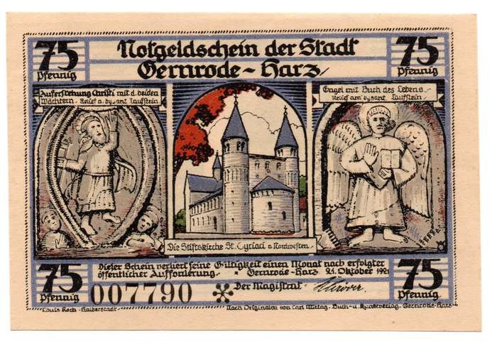 1921 German City of Gernrode im Harz (Federal state of Anhalt) Weimar Republic 75 pfennig, Replaceme