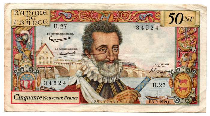 1959 France Nouveaux 50 Francs Pick#143a, multiple staple holes, folds, left border tears