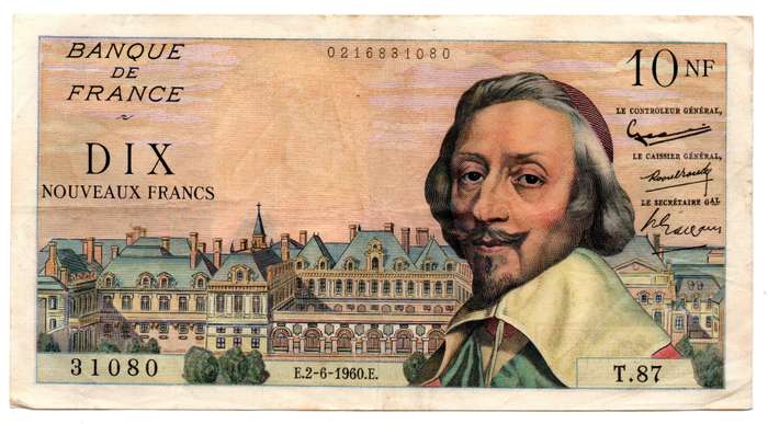 1960 France Nouveaux 10 Francs Pick#142a, 4 staple left holes left bottom, centre fold