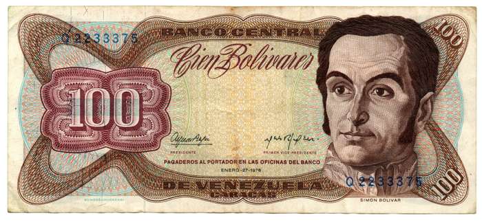 1976 Venezuela 100 Bolivares Pick#55d, folds and creasing