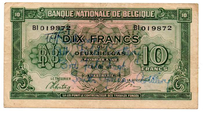 1943 Belgium 10 Francs/2 Belgas Pick#122, Anotated "R.... 9th Field Battery, 3rd Field Regt. South