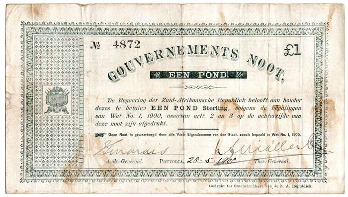 1900 ZAR Pretoria Issue 1 Pound, Variety C Star Border, folds, stains, minor edge tears