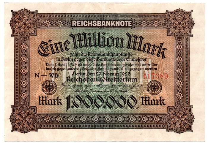 1923 German Berlin Reichsbanknote 1 Million Mark, verticle fold
