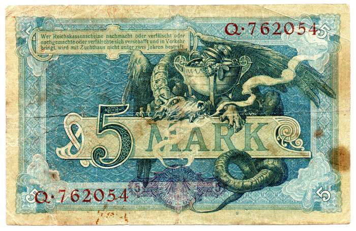 1904 German Berlin 5 Mark Pick#8b, folds and stains