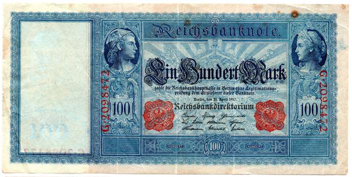 1910 German Berlin Reichsbanknote 100 Mark, Pair of Seal Varieties: Green and Red Seal Pick#42/43, f