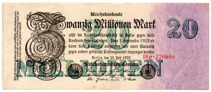 1923 German Berlin Reichsbanknote 20 Million Mark, Pair of Serial Number Varities Pick#97b