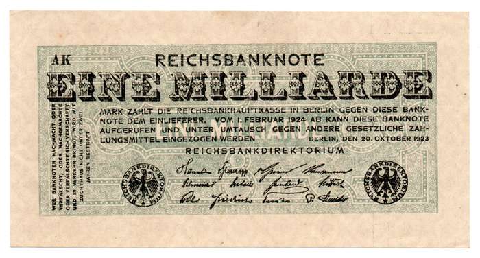 1923 German Reichsbank 1 Billion Mark Without a serial number, small Crucifera Blossoms Watermark, v