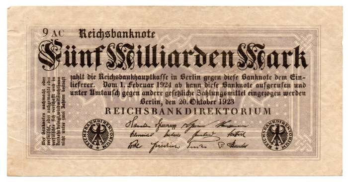 1923 German Reichsbank 5 Billion Mark Without serial number, small Crucifera Blossoms Watermark, ver