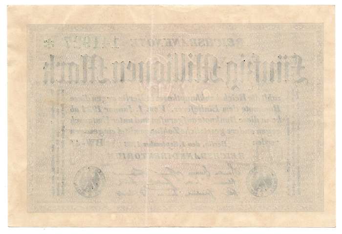 1923 German Reichsbank 50 Million Mark Star Replacement with un-catalogued watermark, D within 6-poi