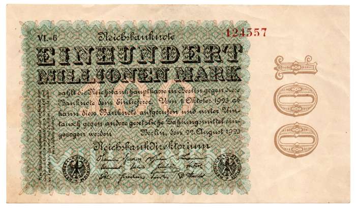 1923 German Reichsbank 100 Million Mark, un-cataloged watermark variety: The Letter "C" in stars