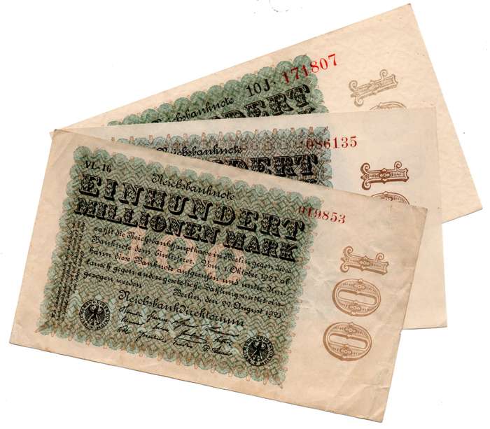 1923 German Reichsbank 100 Million Mark, Trio of watermark varieties: Watermarks: Small crucifera bl