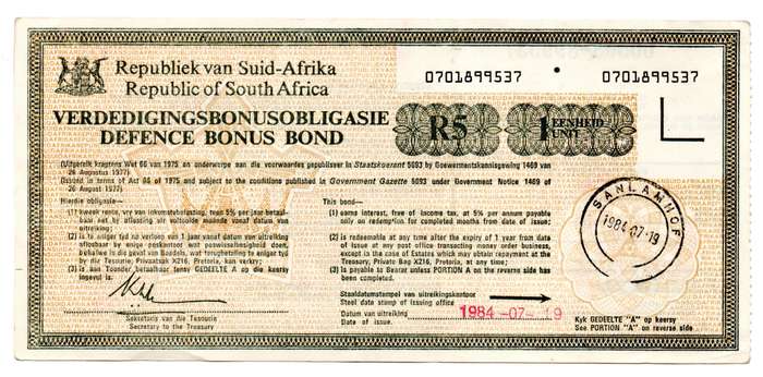 1979 South Africa R5 Defense Bonus Bond, Sanlamhof Stamp, "J. M. Conradie"