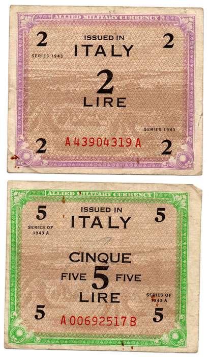 Pair of 1943-A Italy Allied Military Currency 2 and 5 Lire notes