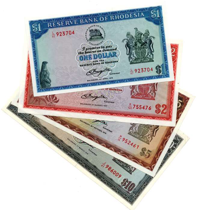 Type set of Rhodesian $1 to $10 Notes: 1978 Rhodesia 1 Dollar Pick#34c 1977 Rhodesia 2 Dollar Pick#3
