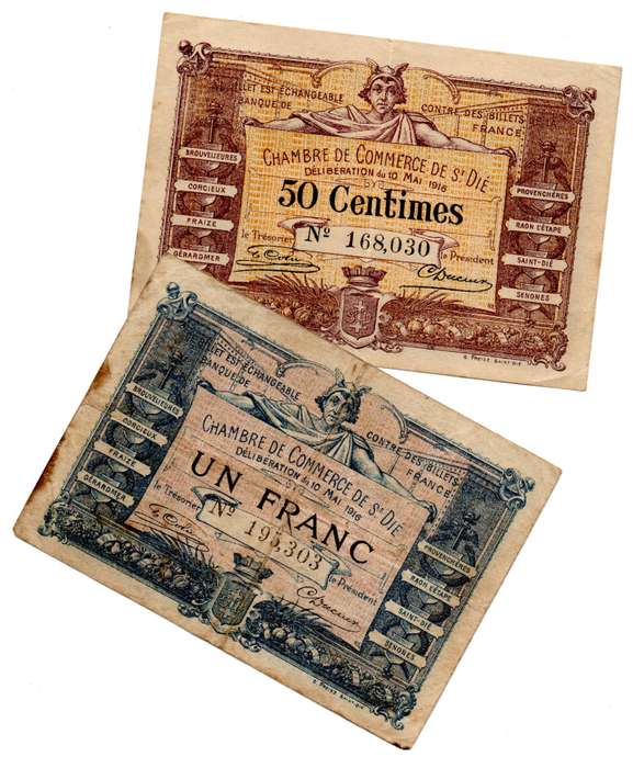 1921 France 50 Centimes and 1 Franc pair, Local Issue notes, folds and stains on both notes