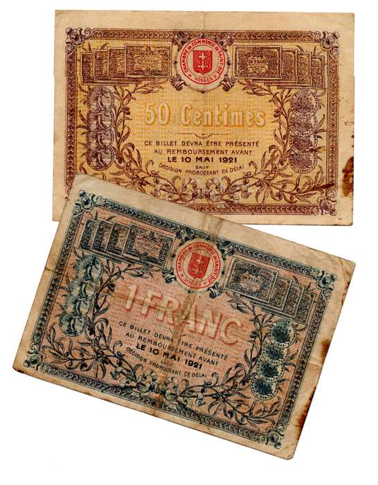 1921 France 50 Centimes and 1 Franc pair, Local Issue notes, folds and stains on both notes