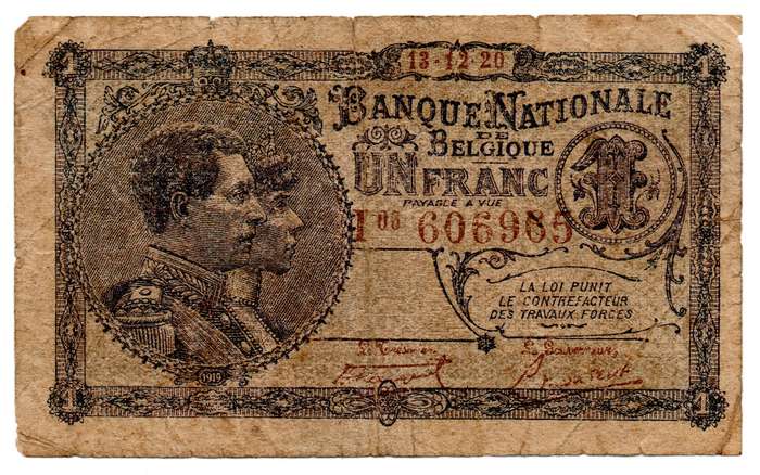 1920 Belgium 1 Franc Pick#92 right and top edge tears, corner folds 1 tiny pinhole
