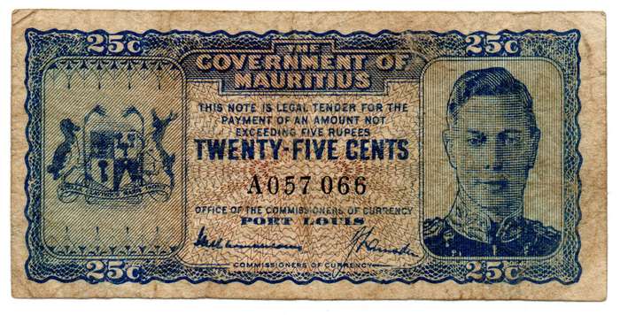1940 Mauritius 25 Cents, Serial at Center Prefix A Pick#24, corner folds, creasing and fold lines