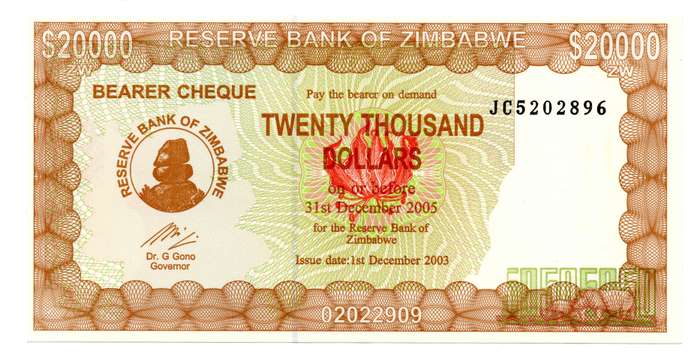 2003 Zimbabwe Emergency Bearer Cheque 20 000 Dollars Pick#23d