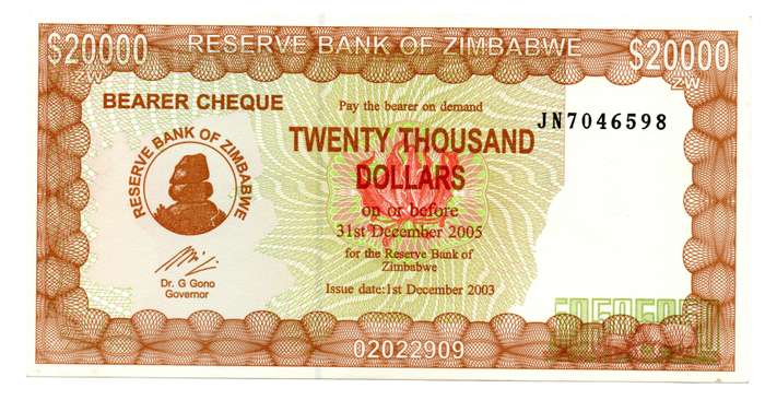 2003 Zimbabwe Emergency Bearer Cheque 20 000 Dollars Pick#23d