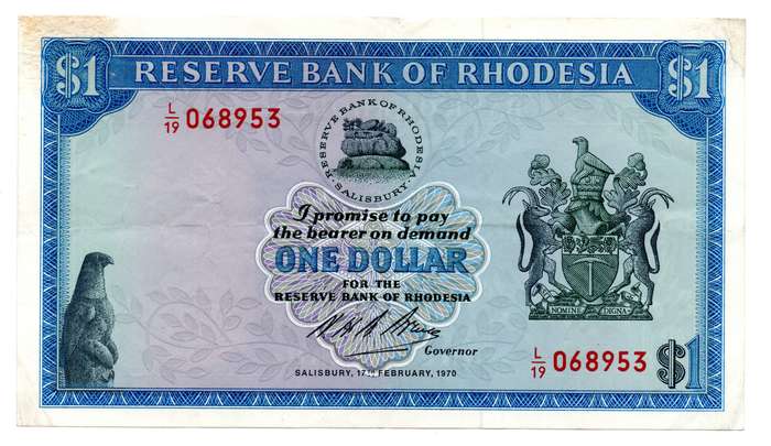 1970 Rhodesia 1 Dollar Pick#30a minor fold lines and top left corner stain