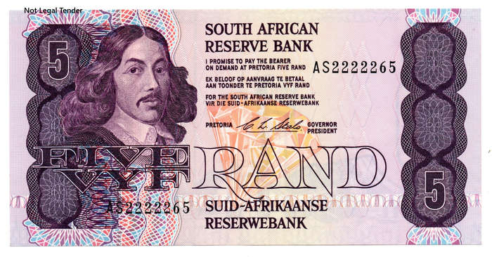 1990 South Africa Type 11 CL Stals First Issue R5 Fancy Serial "2222265"