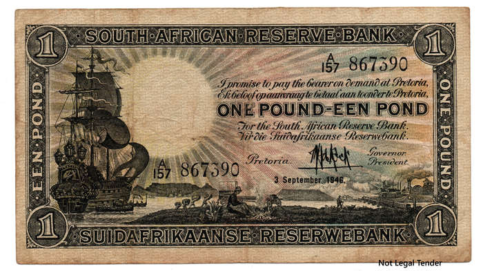 1946 South Africa Type 8 M H De Kock First Issue 1 Pound, folds