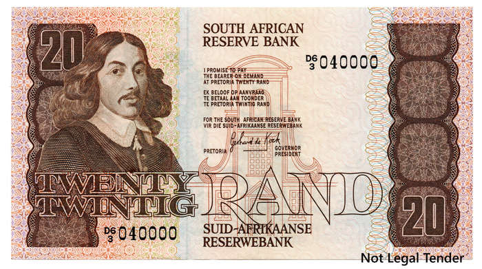 1984 South Africa Type 6 GPC De Kock Third Issue R20 Fancy Serial "040000"