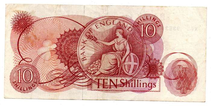 1962-66 Great Britain Bank of England J. Q. Hollom 10 Shilling Pick#373b vertical folds