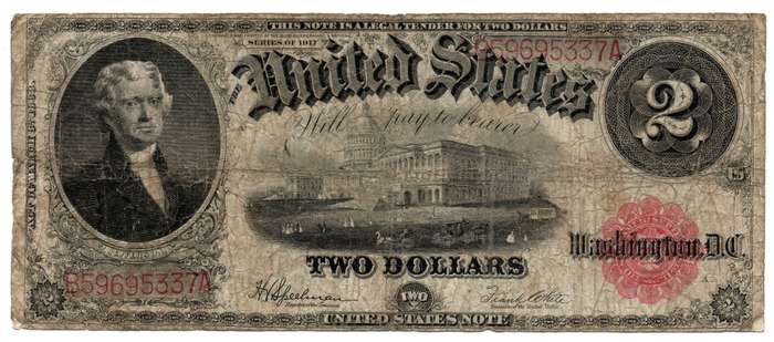 1917 United States Washington DC 2 Dollars, folds and creasing