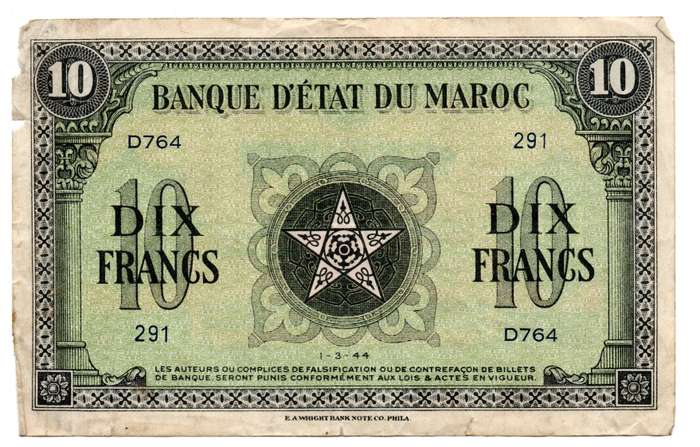 1944 Morocco Filler 10 Francs Pick#25a ex-hinged, glue residue on back right of note