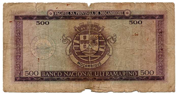 1967 Mozambique Filler 500 Escudos Pick#110a alot of edge damage/edge tears, centre fold hole