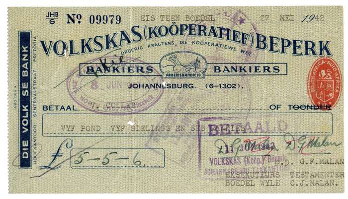 1942 Volkskas (Kooperatief) Beperk Cheque, Johannesburg, 5 Pounds, 5 Shillings and 6 Pence from C. J