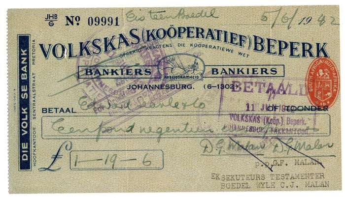 1942 Volkskas (Kooperatief) Beperk Cheque, Johannesburg, 1 Pounds, 19 Shillings and 6 Pence from C.