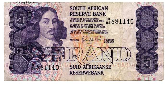 Scarcer 1981 South Africa GPC De Kock First Issue R5 "BI", circulated condition, no tears or pinhole
