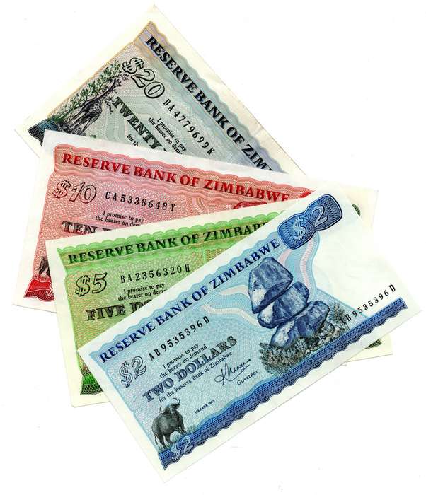 1983 Zimbabwe Type Set: $2 to $20  1983 2 Dollars Pick#1b  1983 5 Dollars Pick#2c  1983 10 Dollars P