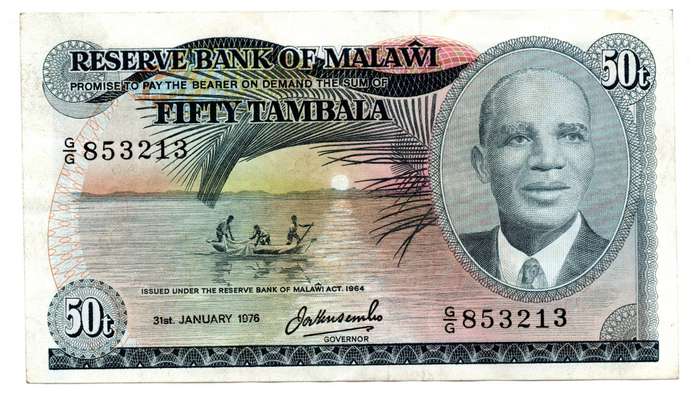 1976 Malawi 50 Tambala Pick#13a, centre crease