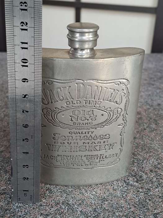 Vintage 1950's English pewter silver plated Jack Daniel's pocket flask
