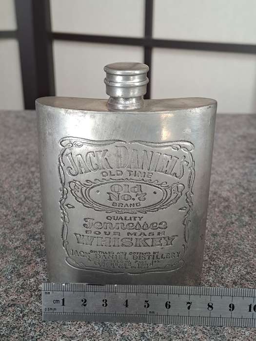 Vintage 1950's English pewter silver plated Jack Daniel's pocket flask