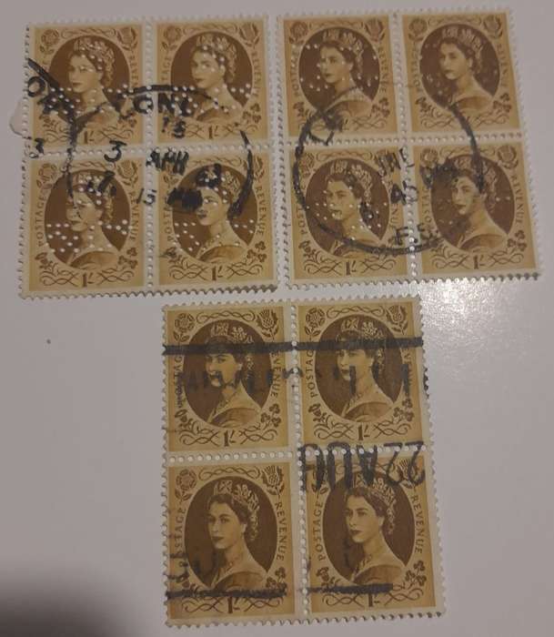 3 blocks of four 1/- QEII postage stamps