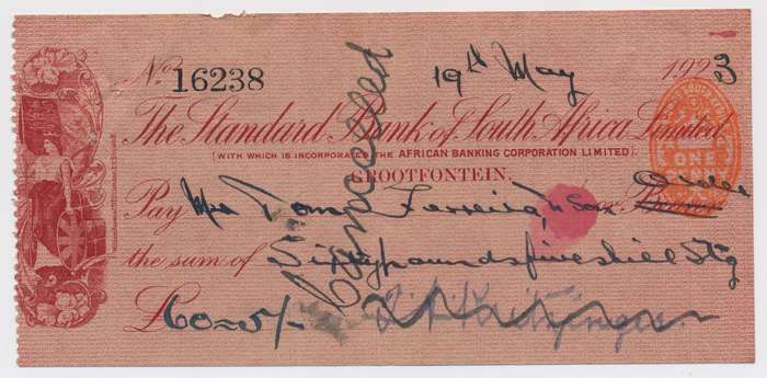 The Standard Bank Of South Africa Limited Antique Cheques & Receipt circa 1923