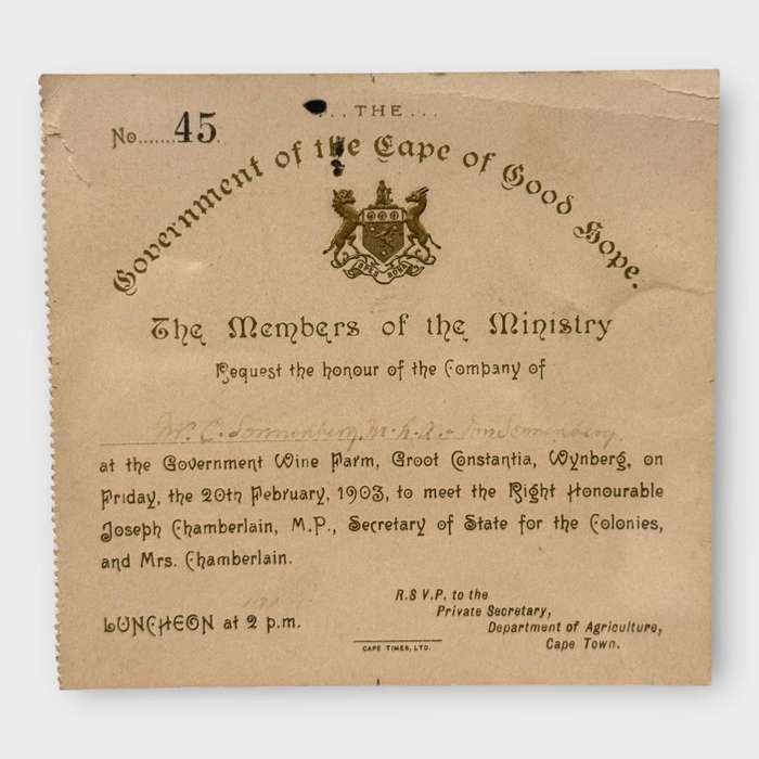 Framed Historical Invitation (42cm x 38.5cm) - Cape Of Good Hope Government 20 February 1903