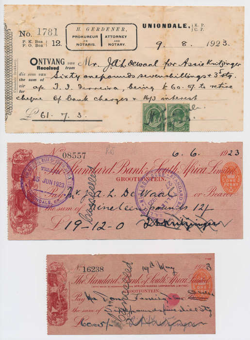 The Standard Bank Of South Africa Limited Antique Cheques & Receipt circa 1923