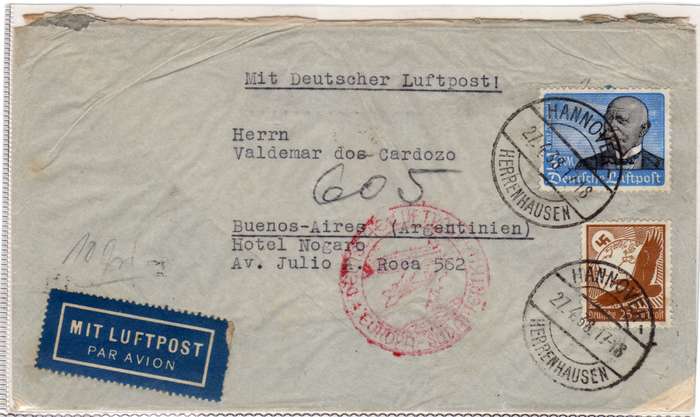 Germany 1938 Air Mail Cover Hannover to Buenos Aires Argentina with scarce 1934 3m Air stamp SG 536.